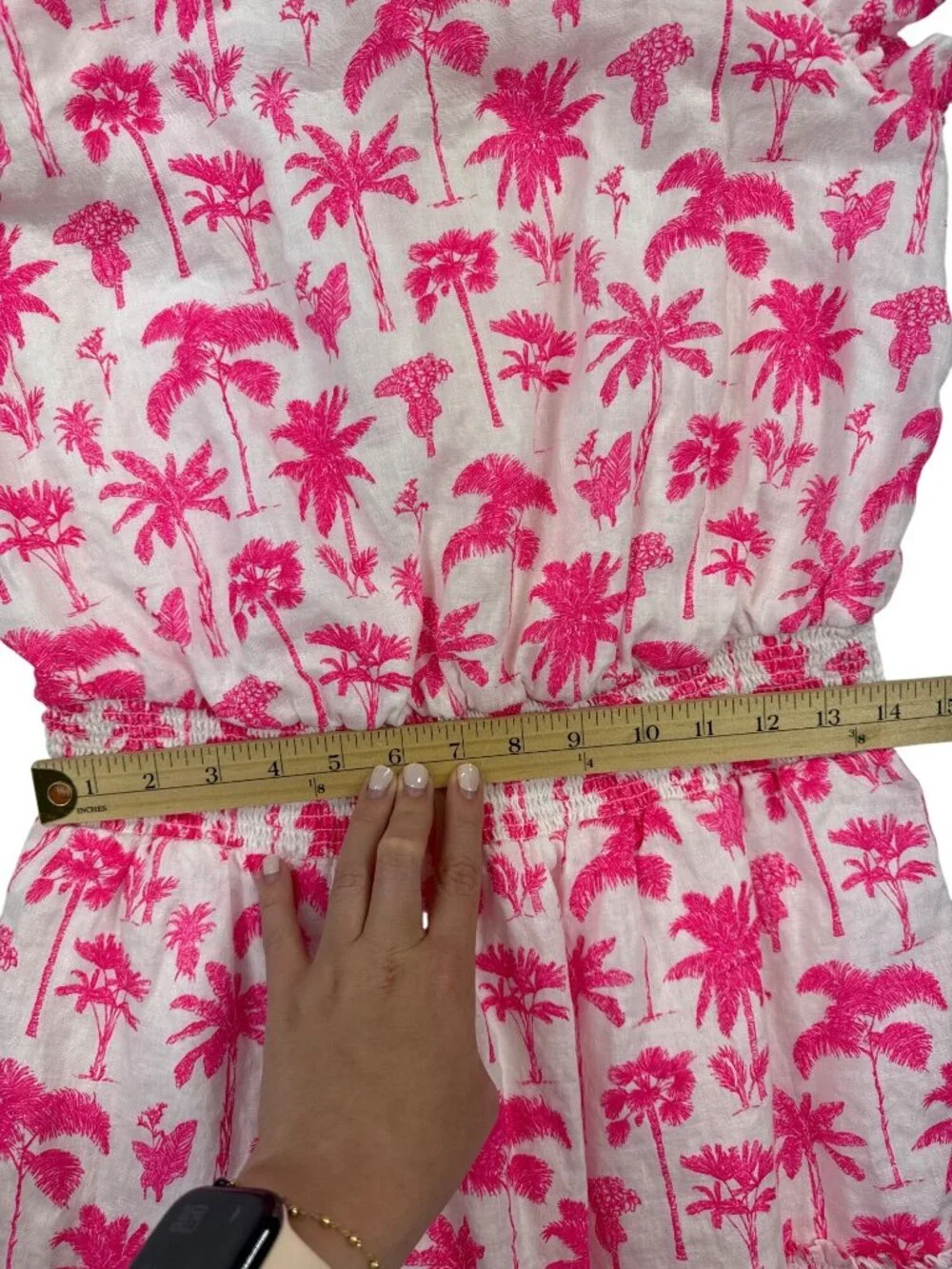 Vineyard Vines Women's M Linen Pink Palm Mini Dress Smocked Ruffle Tropical Res - Picture 7 of 11